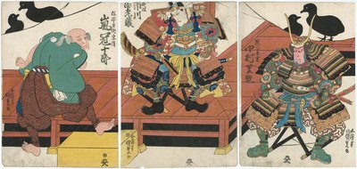 Acteurs Nakamura Shikan II als Kumagai Naozane, Ichikawa Ebizo V als Minamoto no Yoshitsune, en Arashi Kanjuro I als Yahei Hyoe Munekiyo door Utagawa Kunisada